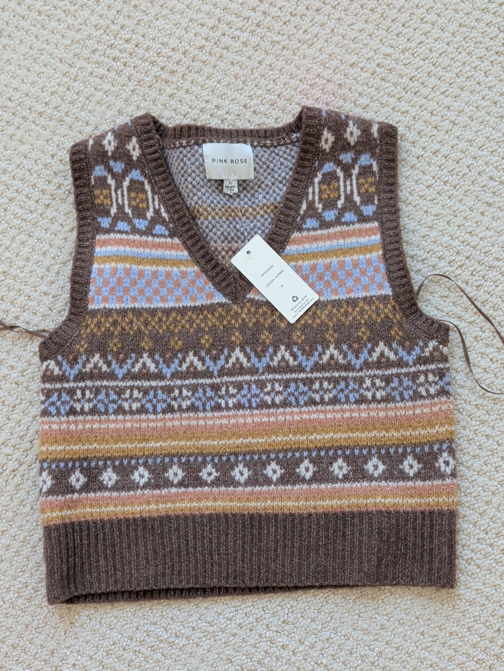 Pink Rose Brown Fair Isle V-Neck Sweater Vest with Blue, Cream & Gold Stripes